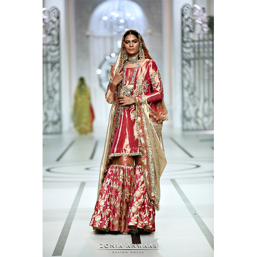 Crimson Zardozi Pure Tissue Gharara (3-Piece) - Image 1