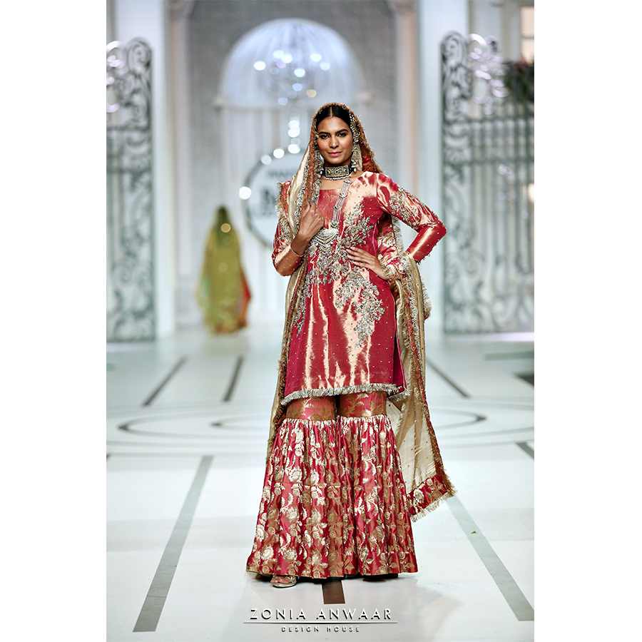 Crimson Zardozi Pure Tissue Gharara (3-Piece) - Image 2