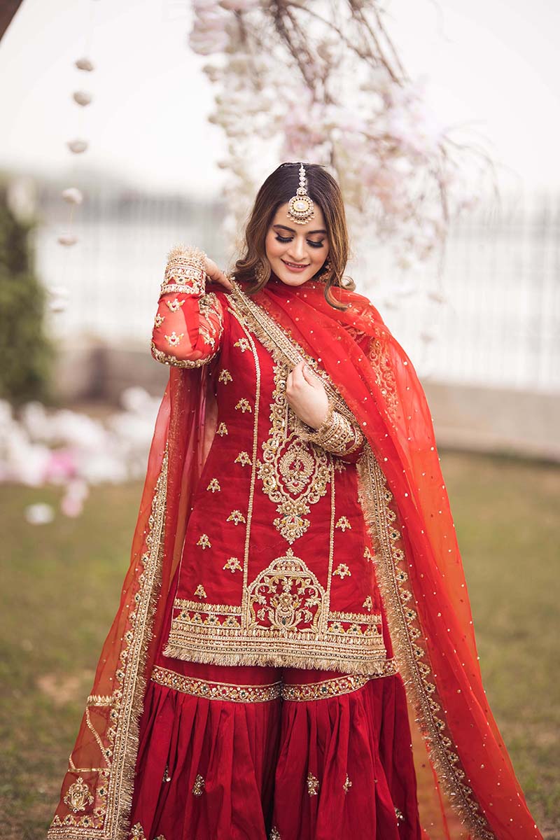 Pakistani Red Embroidered Organza & Raw Silk Farshi Gharara (3-Piece) - Image 10