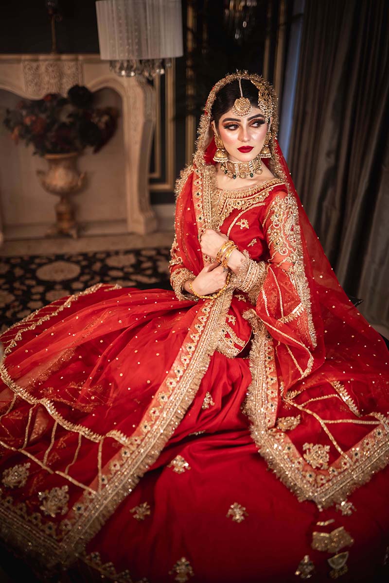 Pakistani Red Embroidered Organza & Raw Silk Farshi Gharara (3-Piece) - Image 12