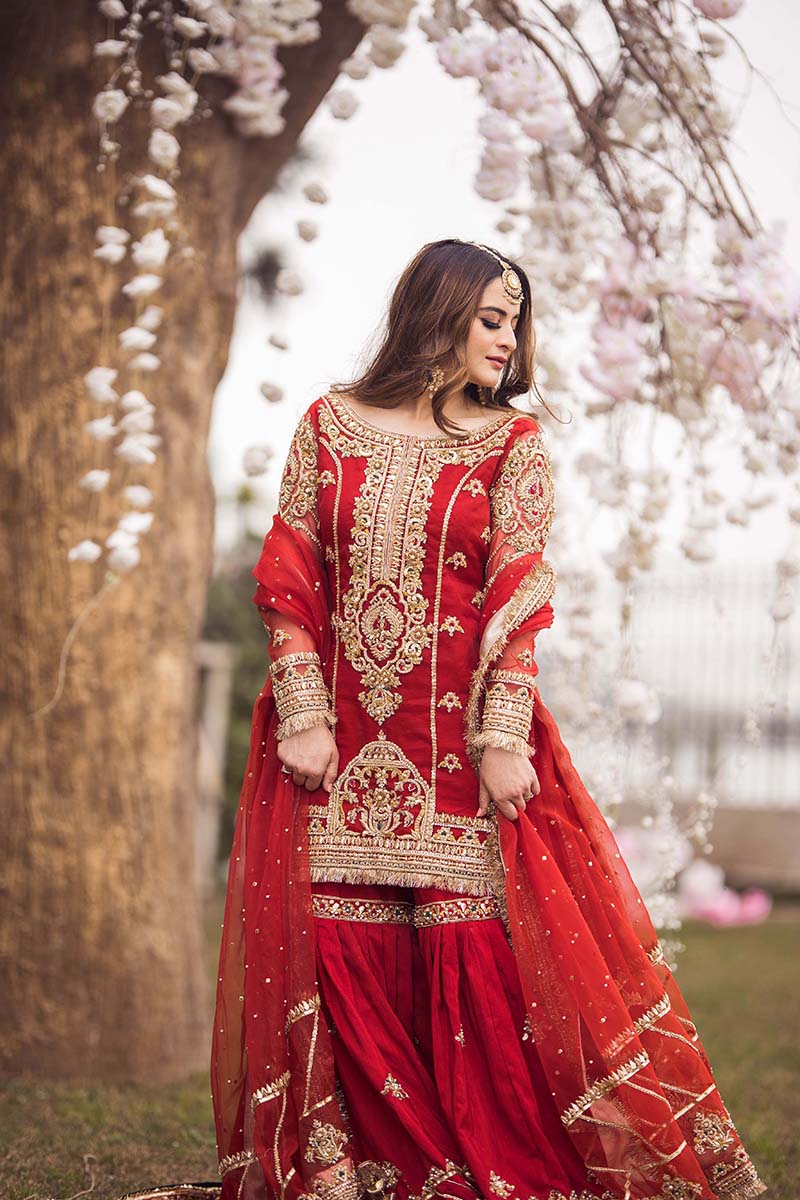 Pakistani Red Embroidered Organza & Raw Silk Farshi Gharara (3-Piece) - Image 6