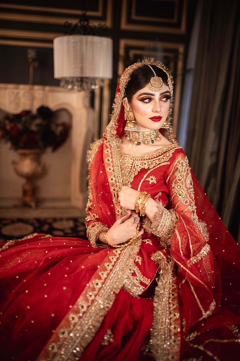 Pakistani Red Embroidered Organza & Raw Silk Farshi Gharara (3-Piece) - Image 7