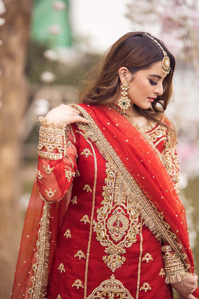 Pakistani Red Embroidered Organza & Raw Silk Farshi Gharara (3-Piece) - Image 9