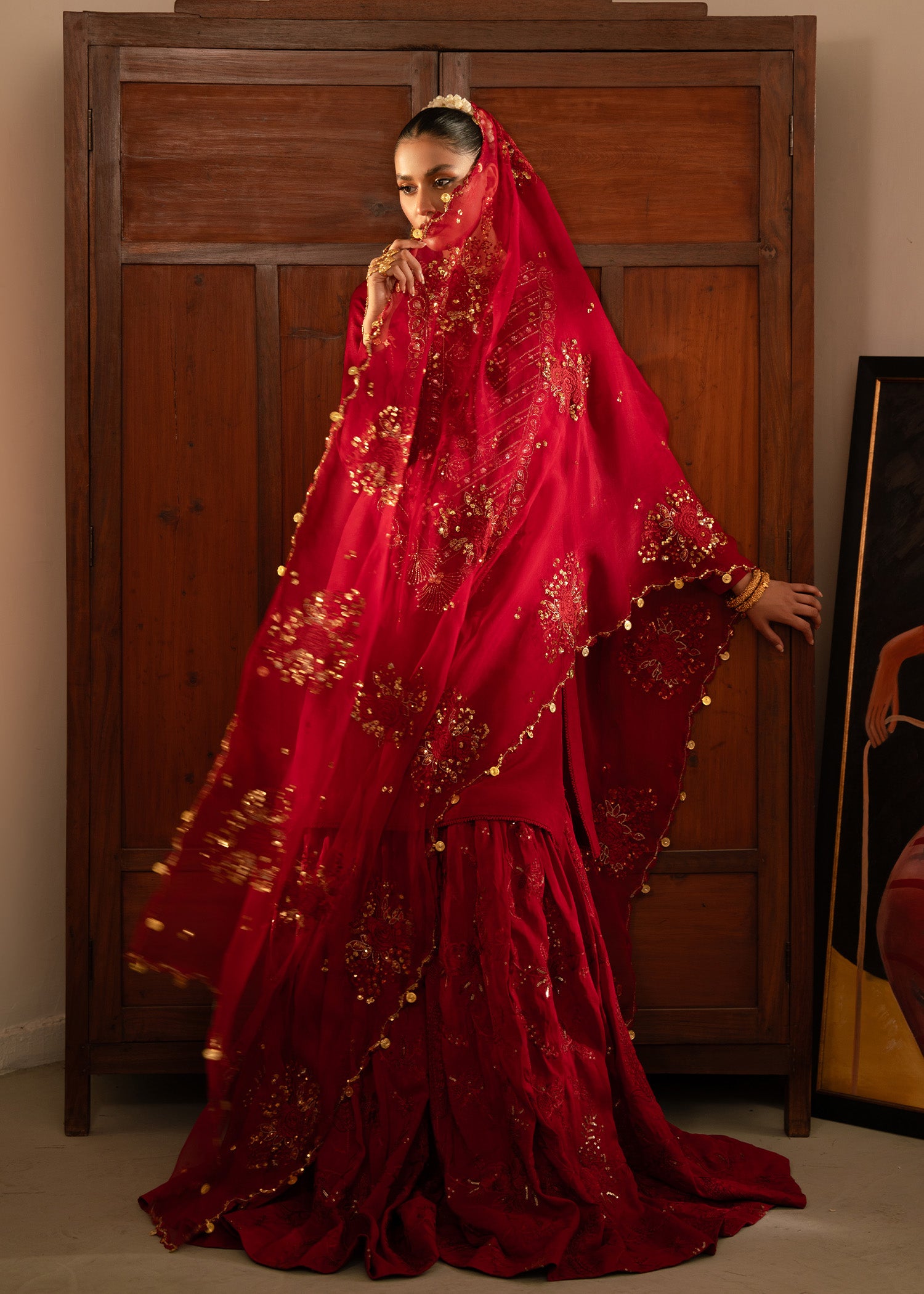 Pakistani Deep Red Embroidered Silk Farshi Gharara (3-Piece) - Image 3