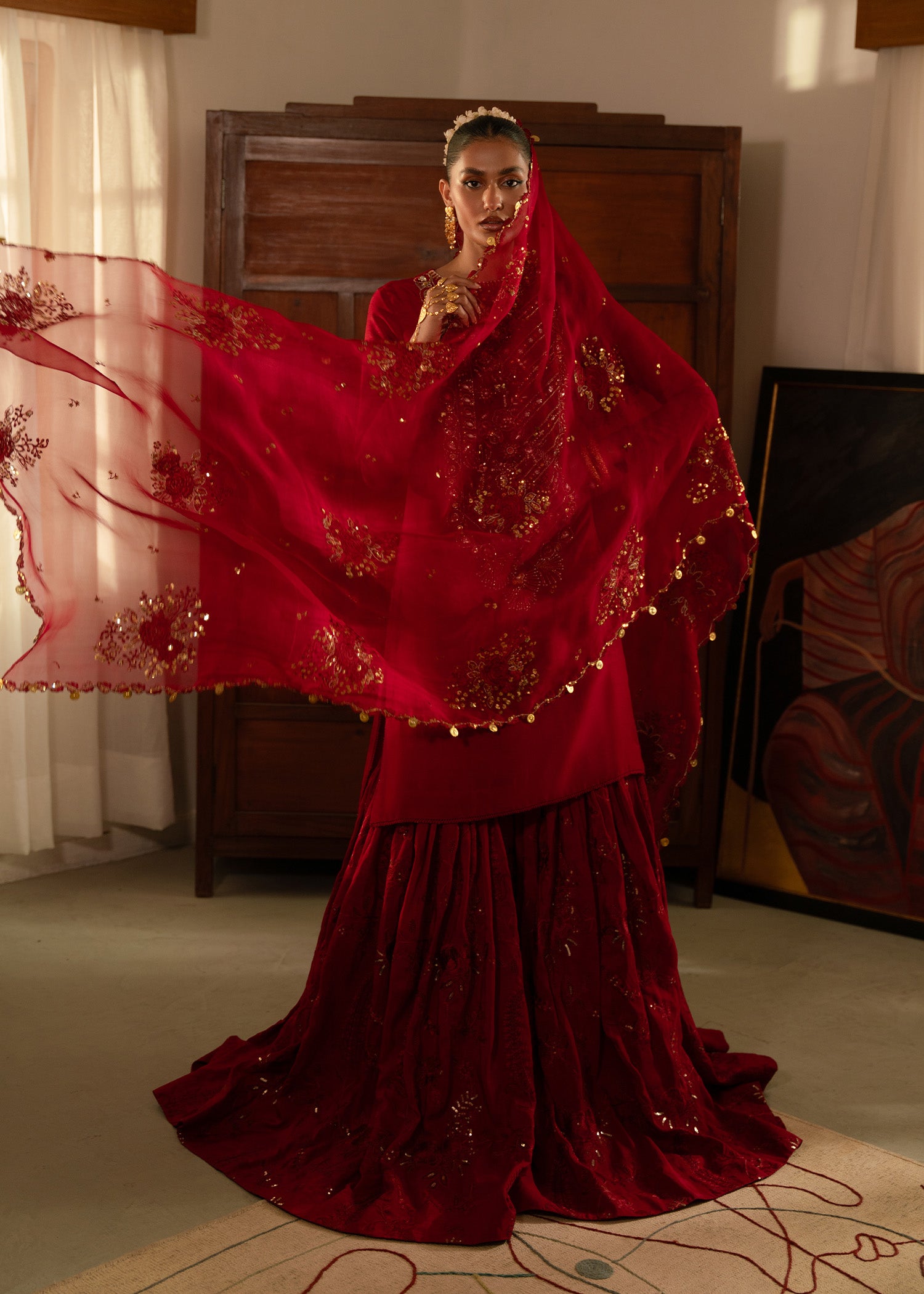 Pakistani Deep Red Embroidered Silk Farshi Gharara (3-Piece) - Image 4