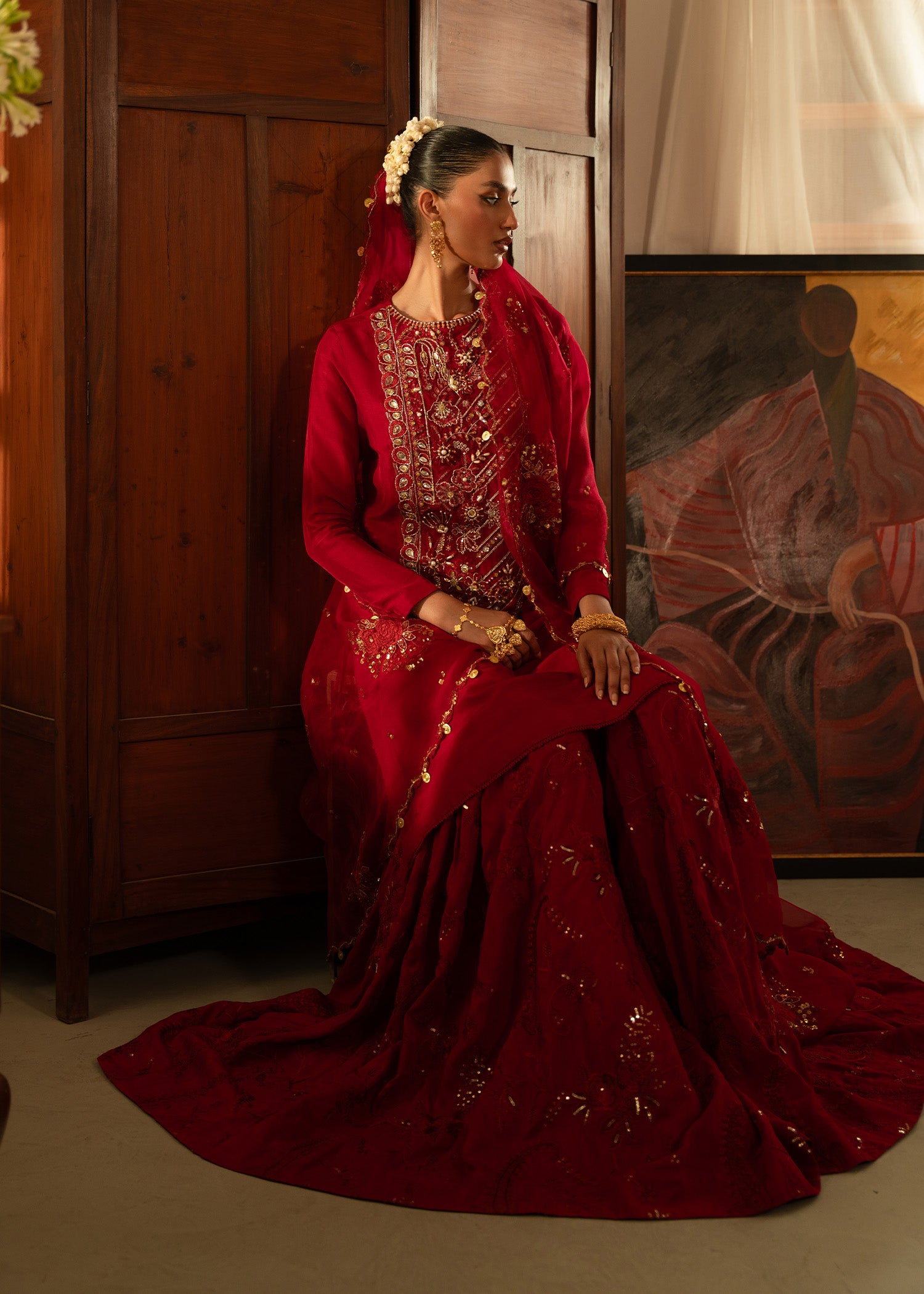 Pakistani Deep Red Embroidered Silk Farshi Gharara (3-Piece) - Image 5
