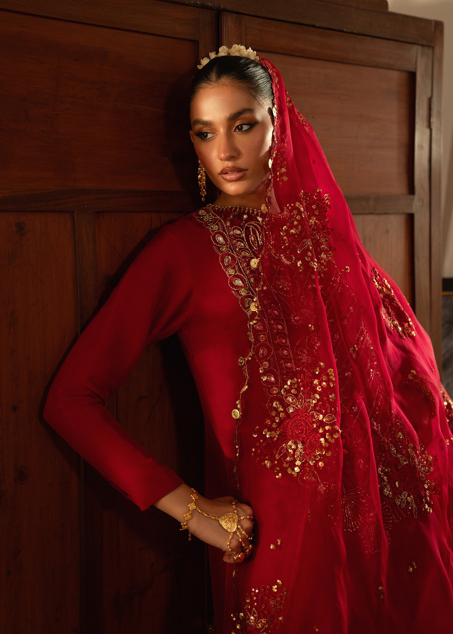 Pakistani Deep Red Embroidered Silk Farshi Gharara (3-Piece) - Image 6