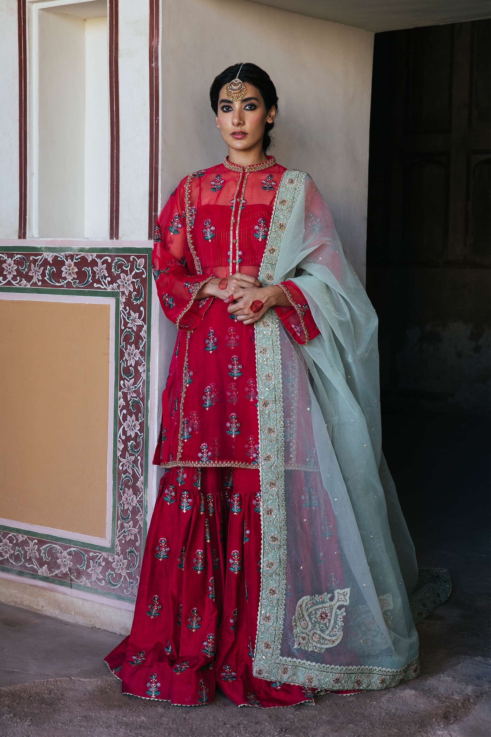 Crimson Embroidered Organza Kurta with Raw Silk Gharara (3-Piece) - Image 1