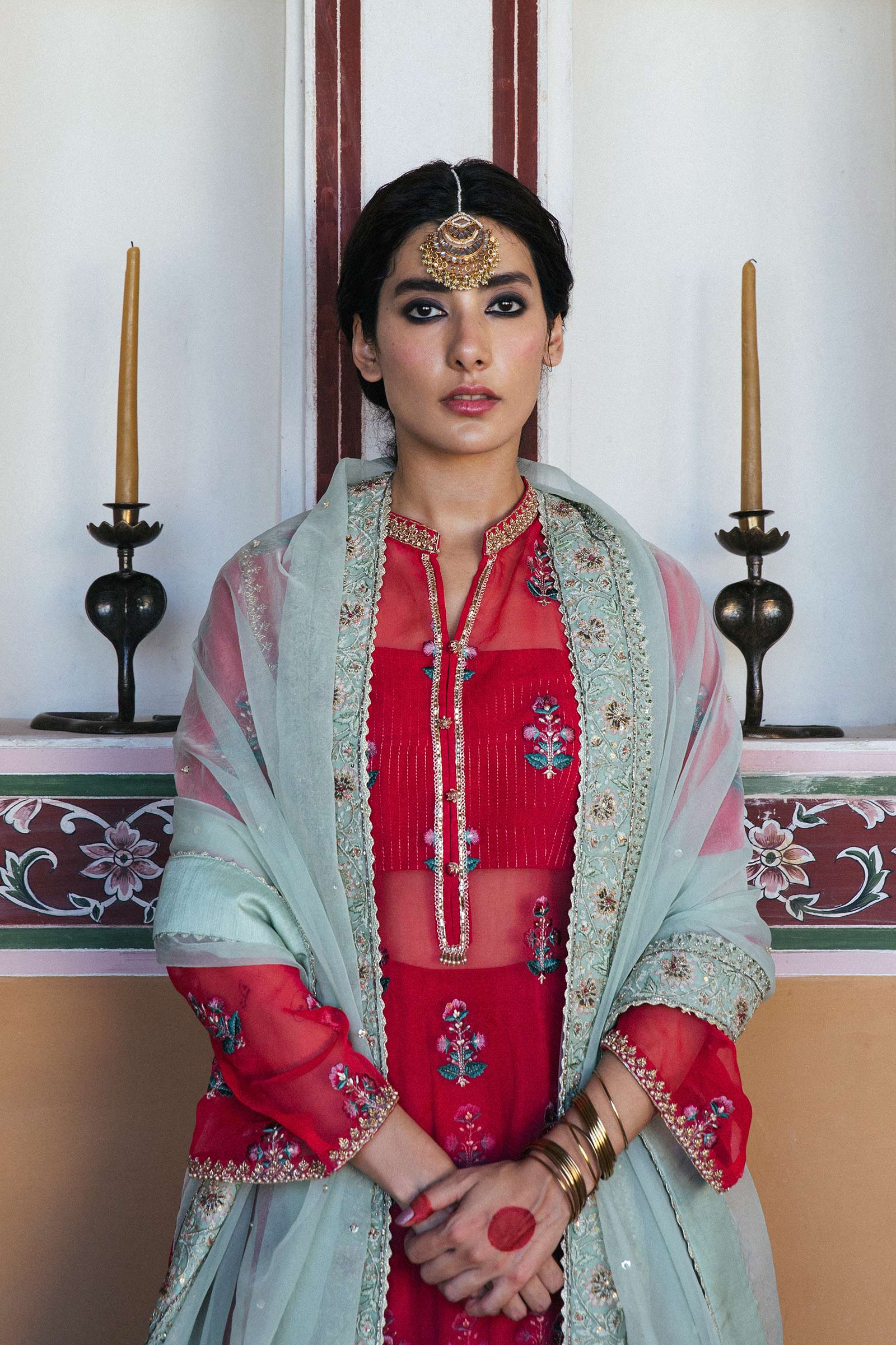 Crimson Embroidered Organza Kurta with Raw Silk Gharara (3-Piece) - Image 2