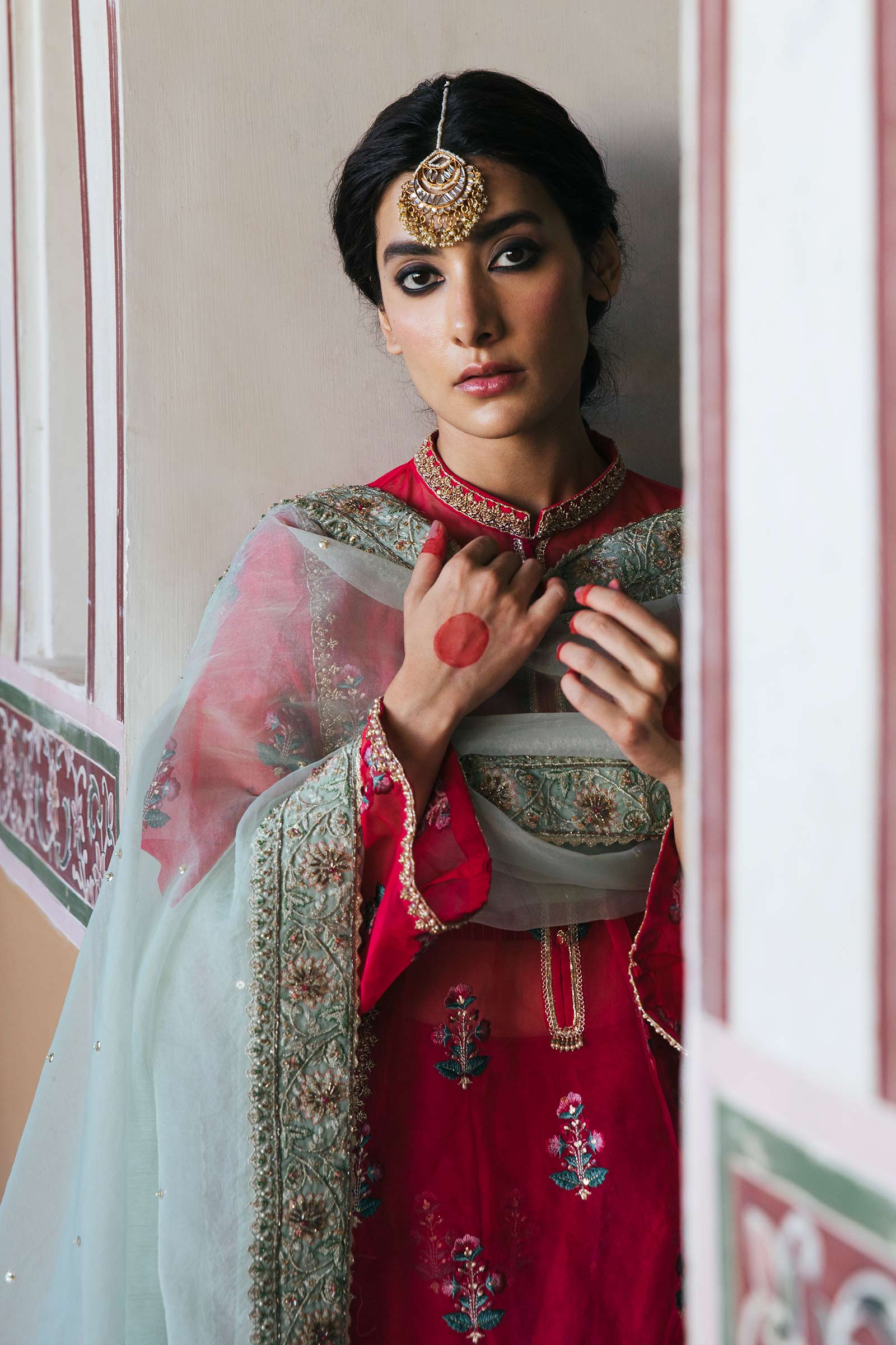 Crimson Embroidered Organza Kurta with Raw Silk Gharara (3-Piece) - Image 3