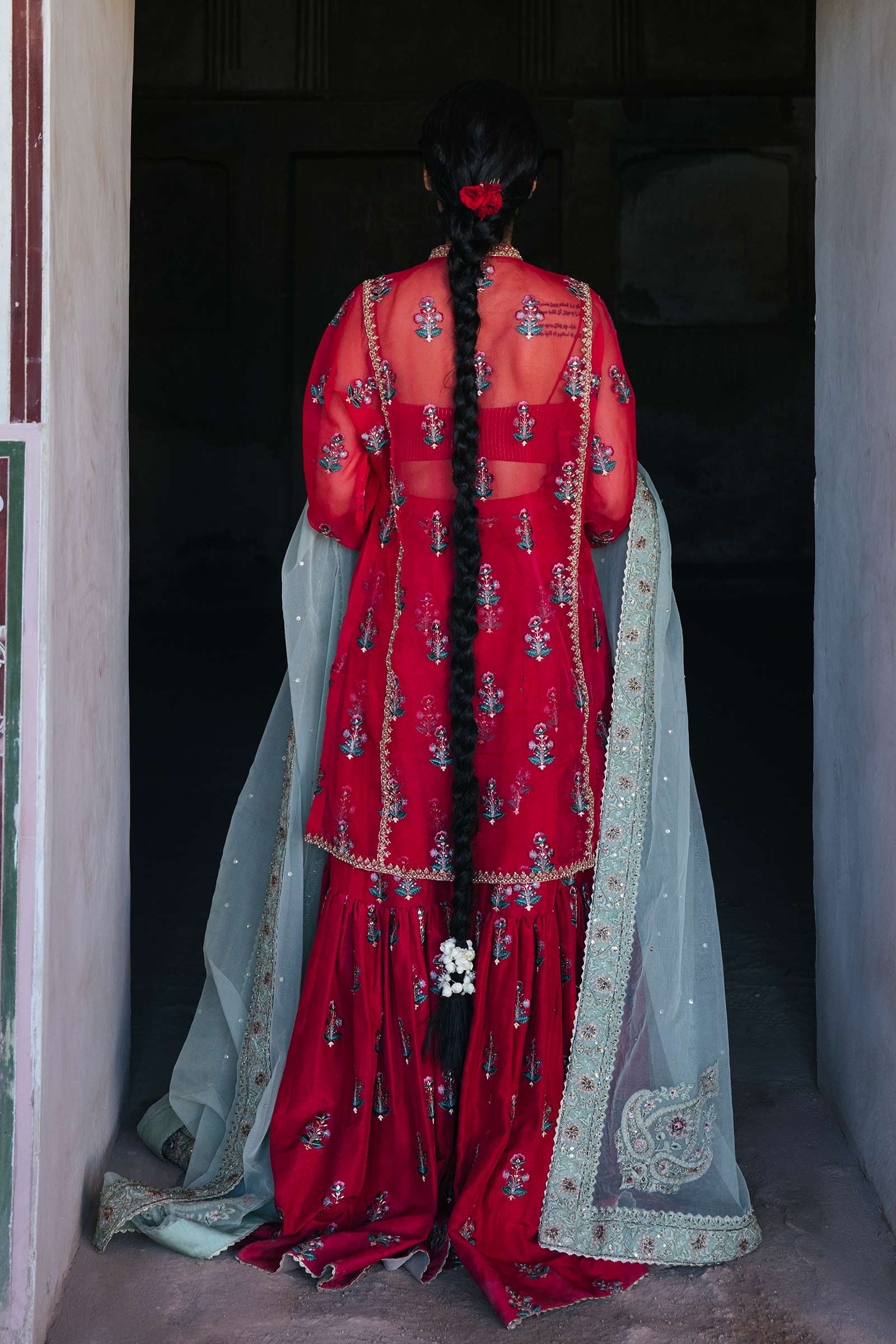Crimson Embroidered Organza Kurta with Raw Silk Gharara (3-Piece) - Image 6