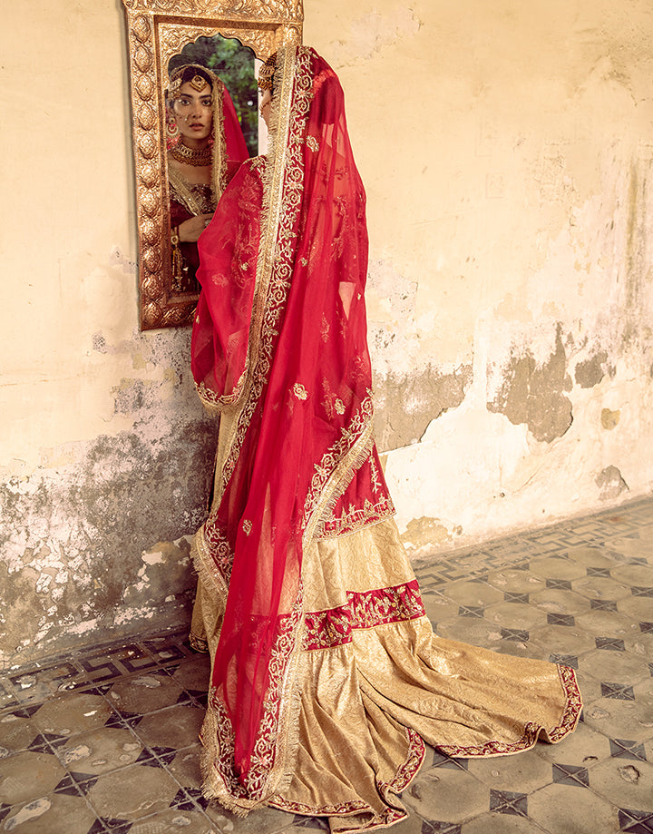 Crimson Red Embroidered Silk Farshi Gharara (3-Piece) - Image 5