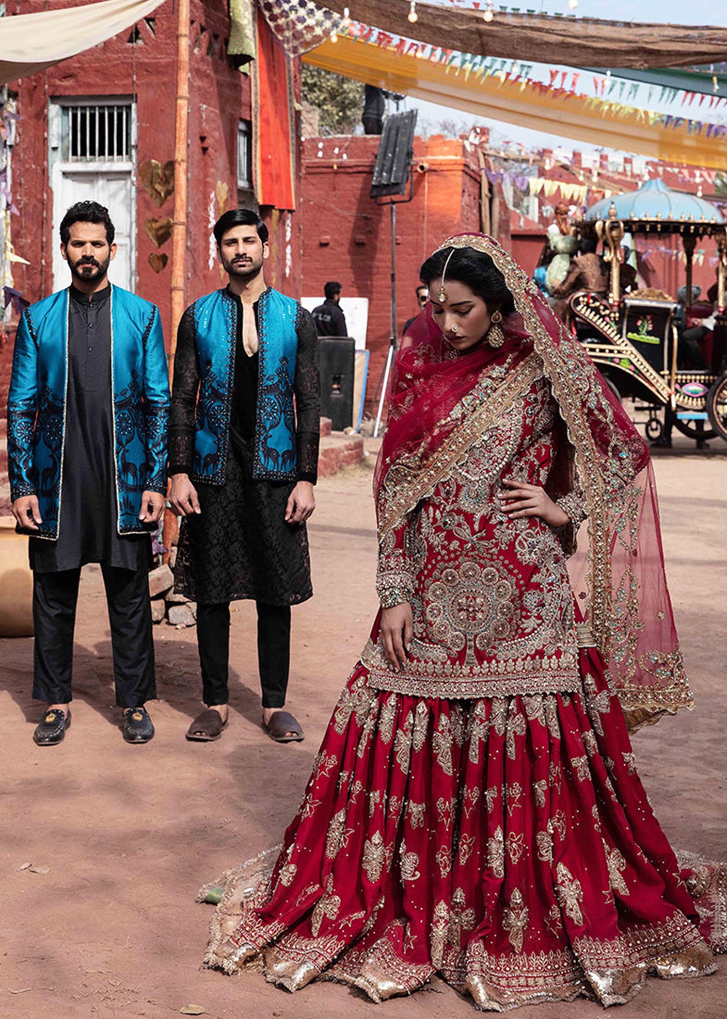 Pakistani Deep Red Zardozi Raw Silk Farshi Gharara (3-Piece) - Image 1