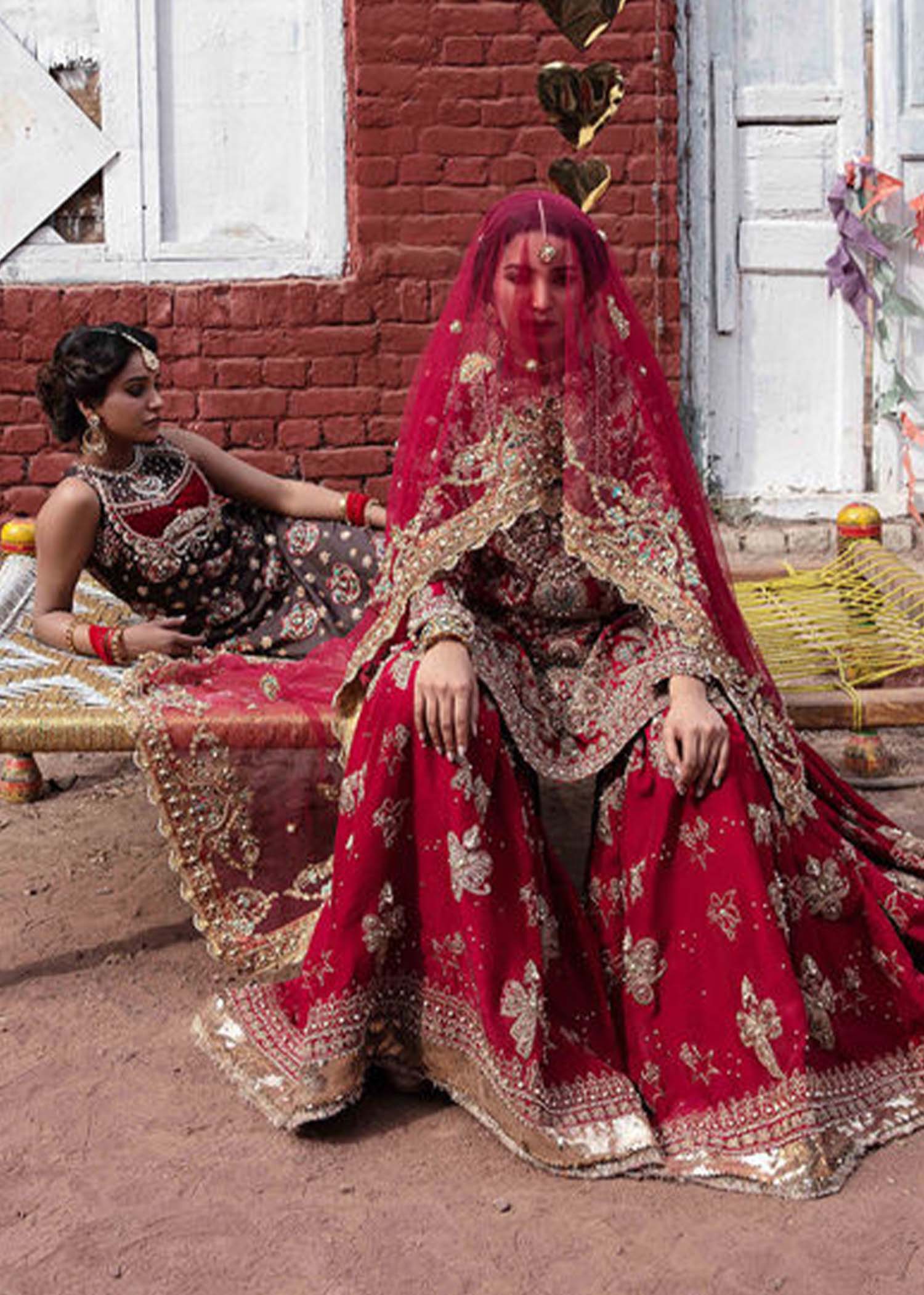 Pakistani Deep Red Zardozi Raw Silk Farshi Gharara (3-Piece) - Image 2