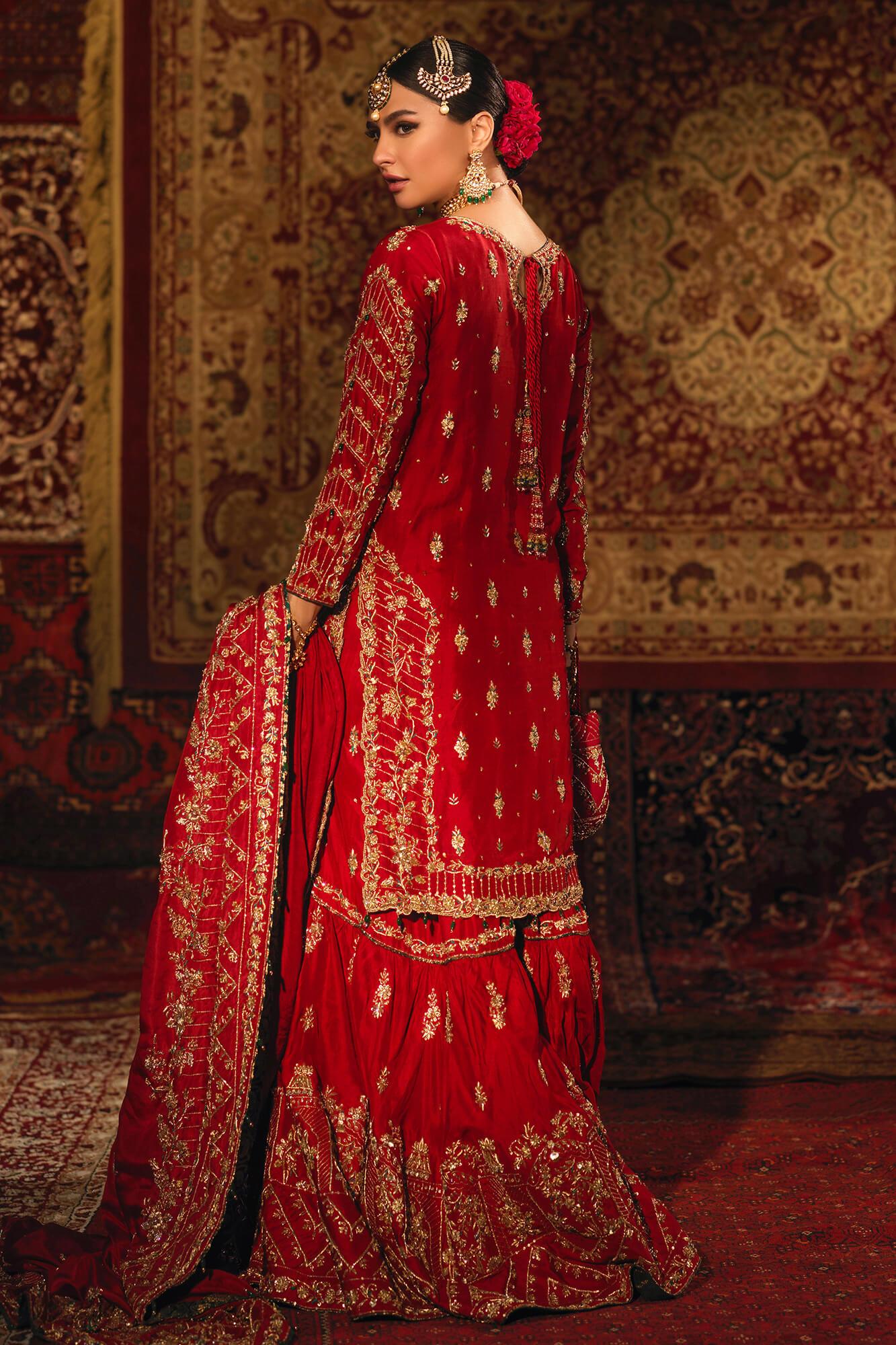 Pakistani Red Zardozi Resham Raw Silk Farshi Gharara (3-Piece) - Image 1