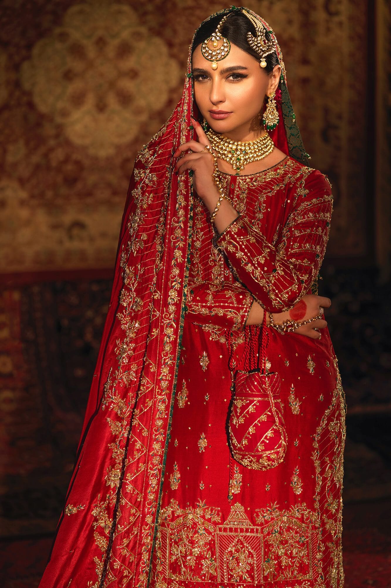 Pakistani Red Zardozi Resham Raw Silk Farshi Gharara (3-Piece) - Image 3