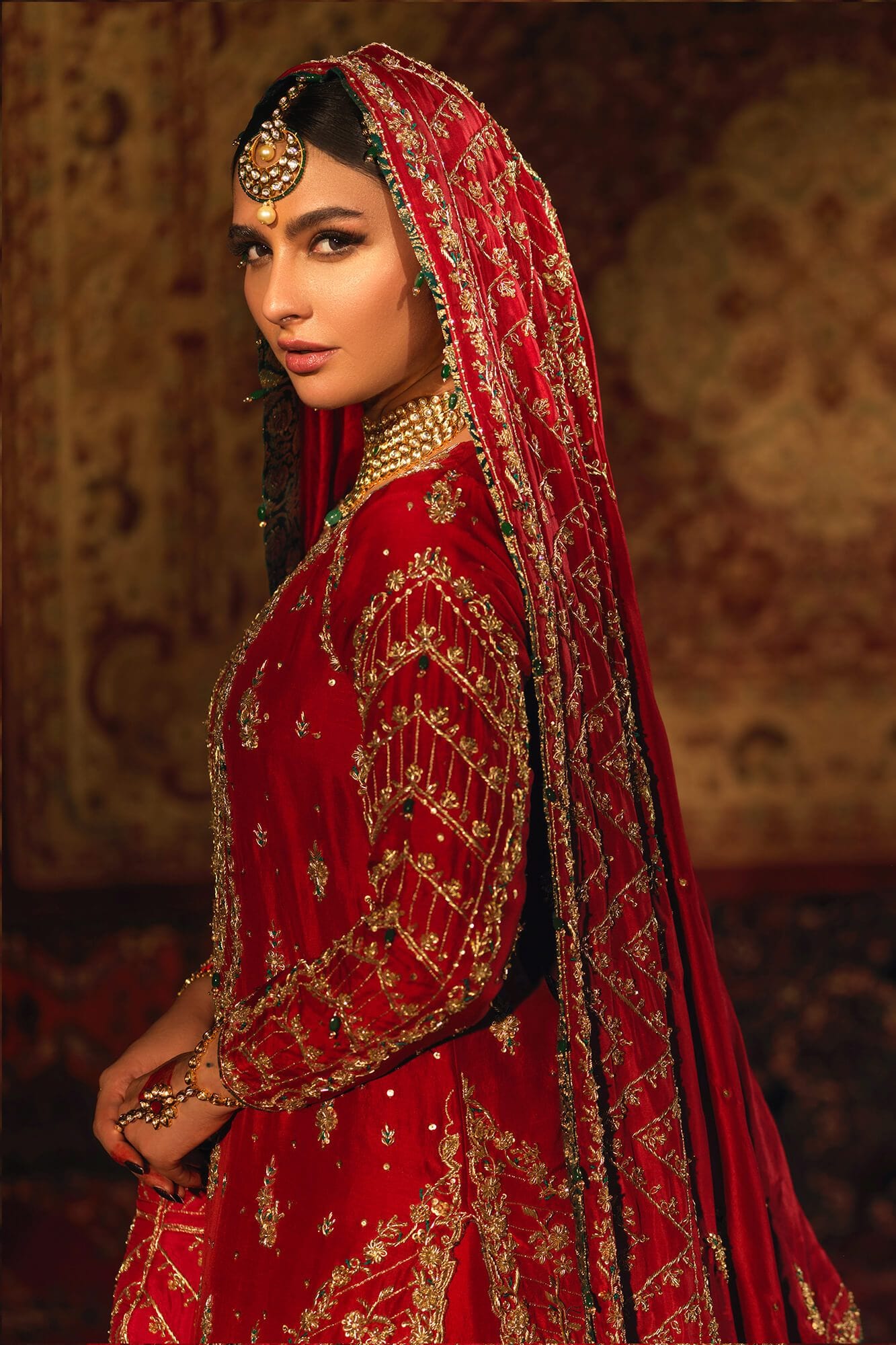 Pakistani Red Zardozi Resham Raw Silk Farshi Gharara (3-Piece) - Image 4