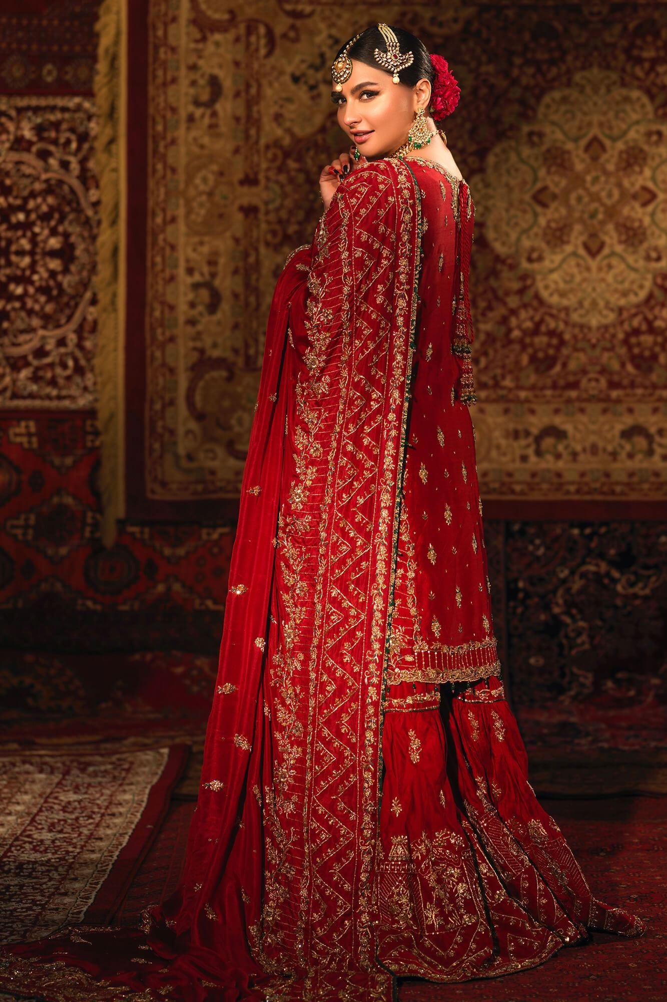 Pakistani Red Zardozi Resham Raw Silk Farshi Gharara (3-Piece) - Image 5
