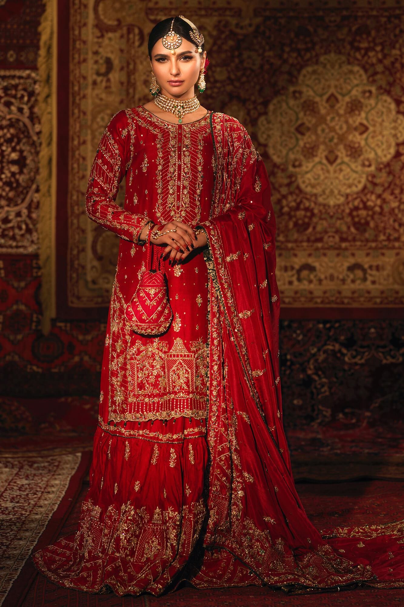 Pakistani Red Zardozi Resham PK Raw Silk Farshi Gharara (3-Piece) - Image 2