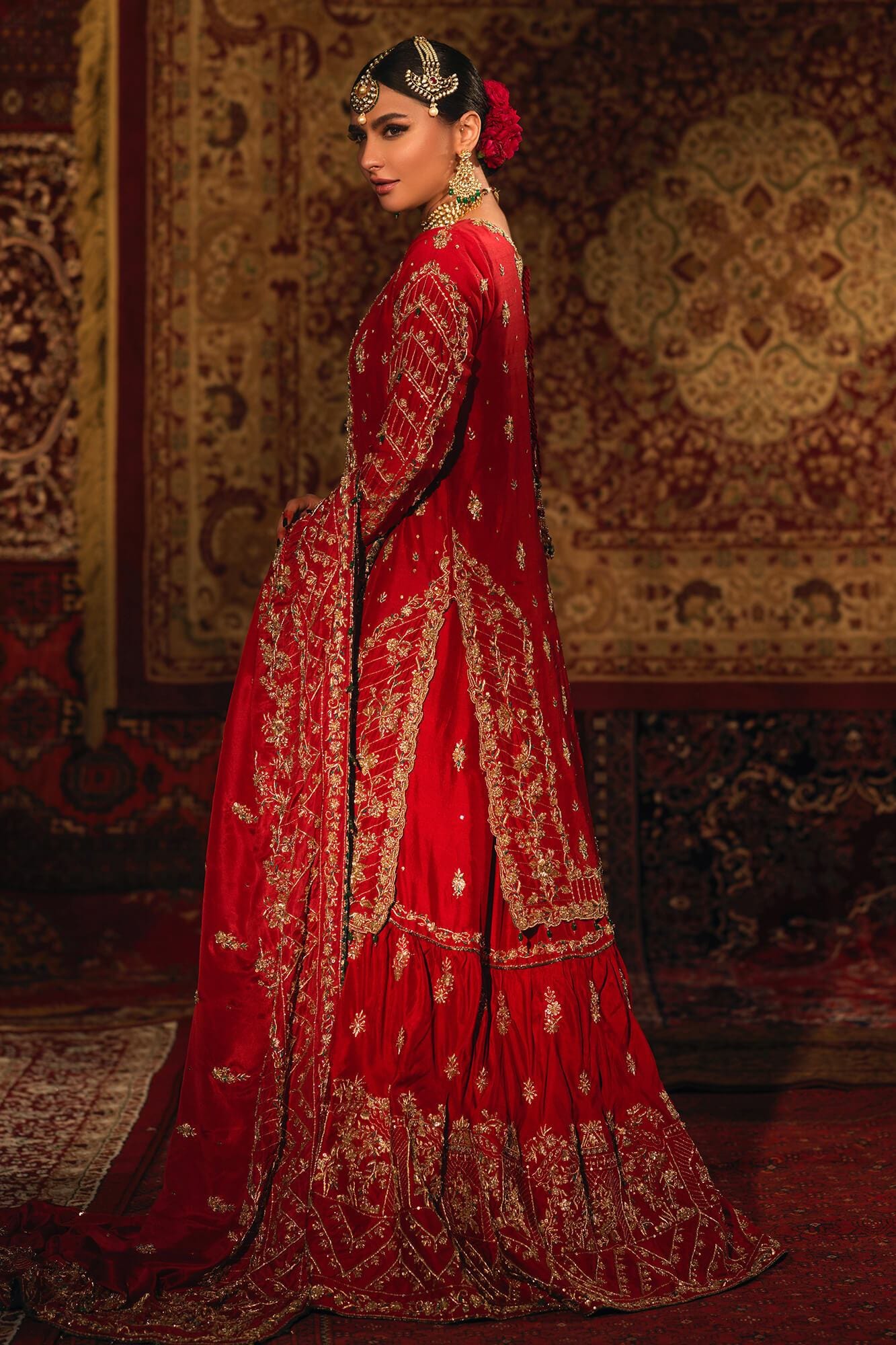 Pakistani Red Zardozi Resham PK Raw Silk Farshi Gharara (3-Piece) - Image 6