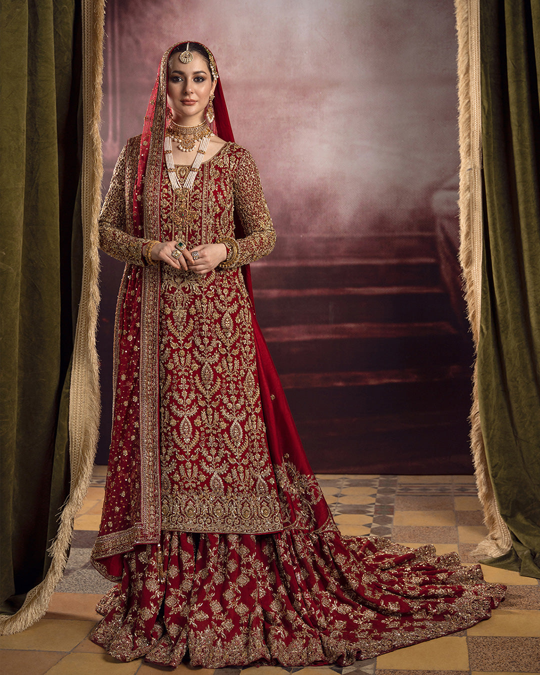 Bright Red Hand-Embellished Chiffon & Raw Silk Bridal Gharara (3-Piece) - Image 1