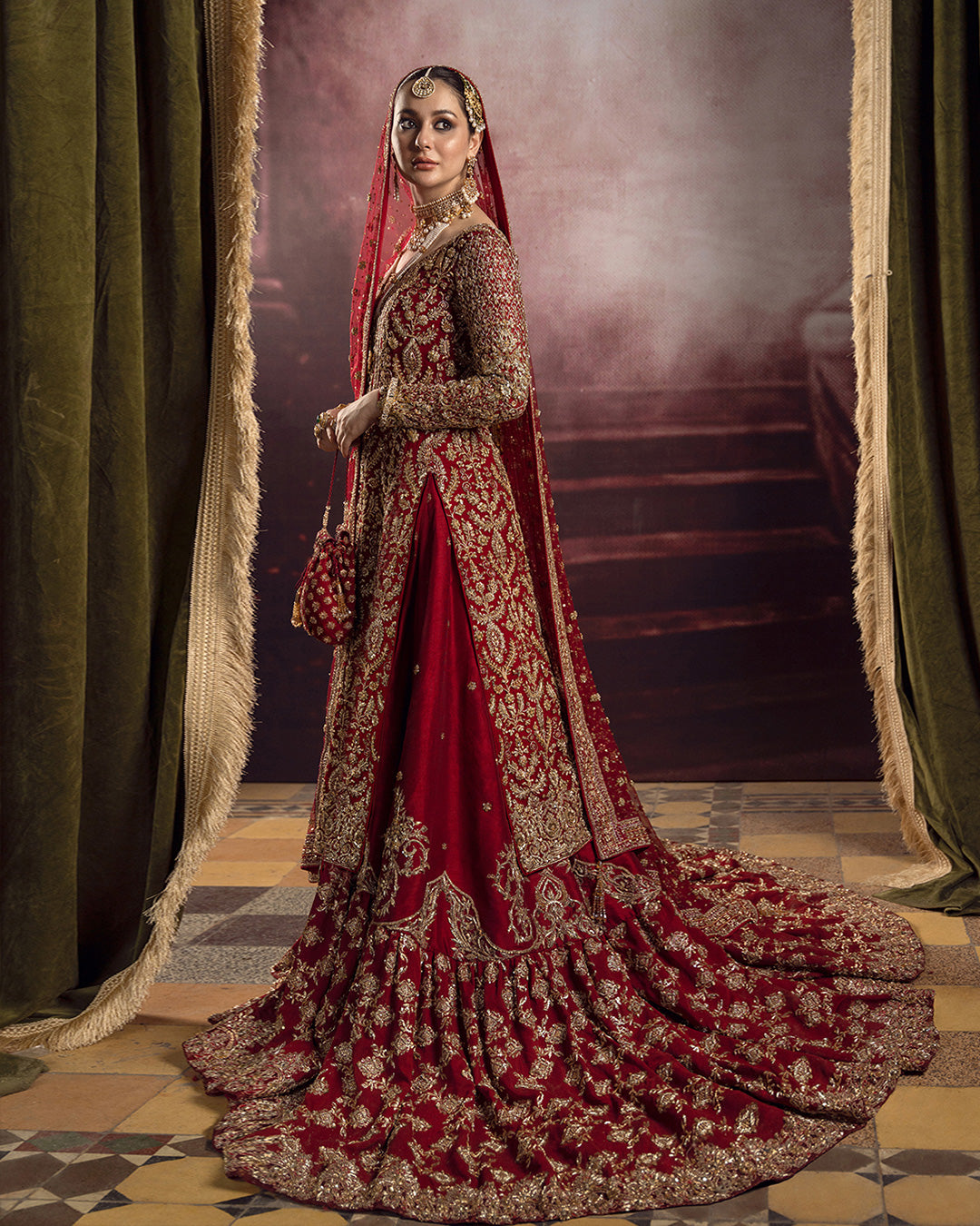 Bright Red Hand-Embellished Chiffon & Raw Silk Bridal Gharara (3-Piece) - Image 2