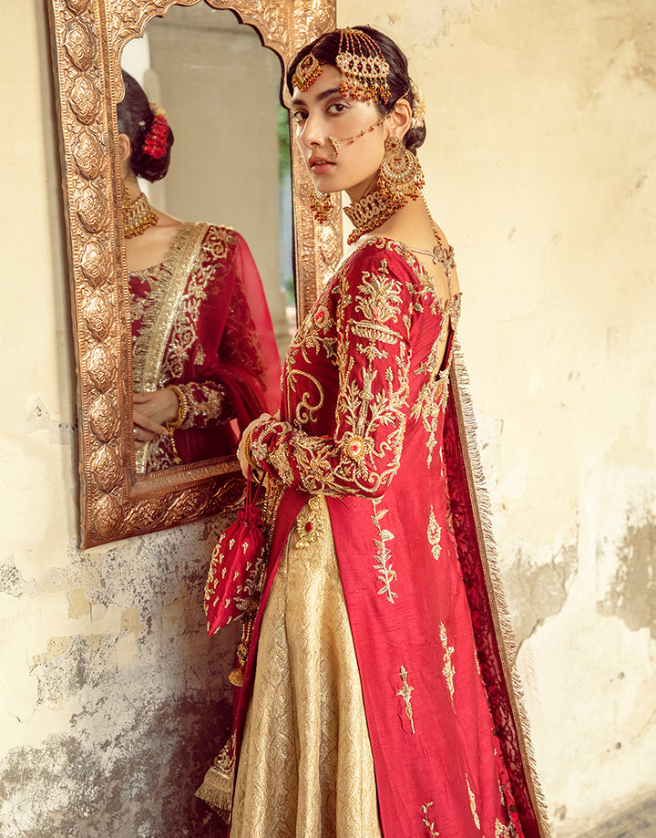 Pakistani Crimson Red Zardozi Silk Farshi Gharara (3-Piece) - Image 3