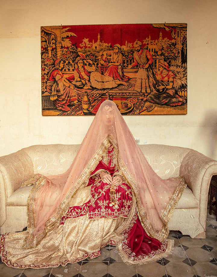 Pakistani Crimson Red Zardozi Silk Gharara Set (3-Piece) - Image 2