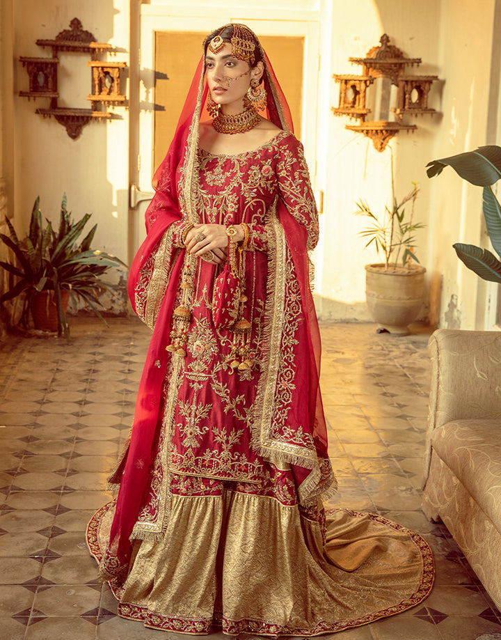 Pakistani Crimson Red Zardozi Silk Gharara Set (3-Piece) - Image 4