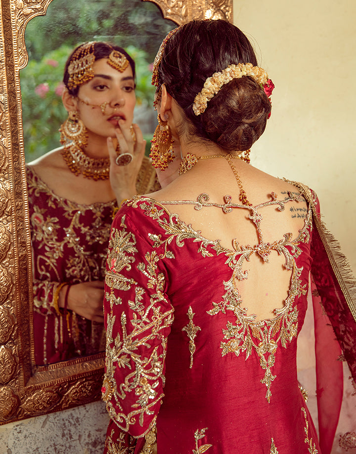 Pakistani Crimson Red Zardozi Silk Gharara Set (3-Piece) - Image 6