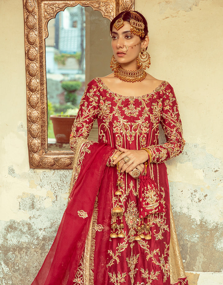 Pakistani Crimson Red Zardozi Silk Gharara Set (3-Piece) - Image 9