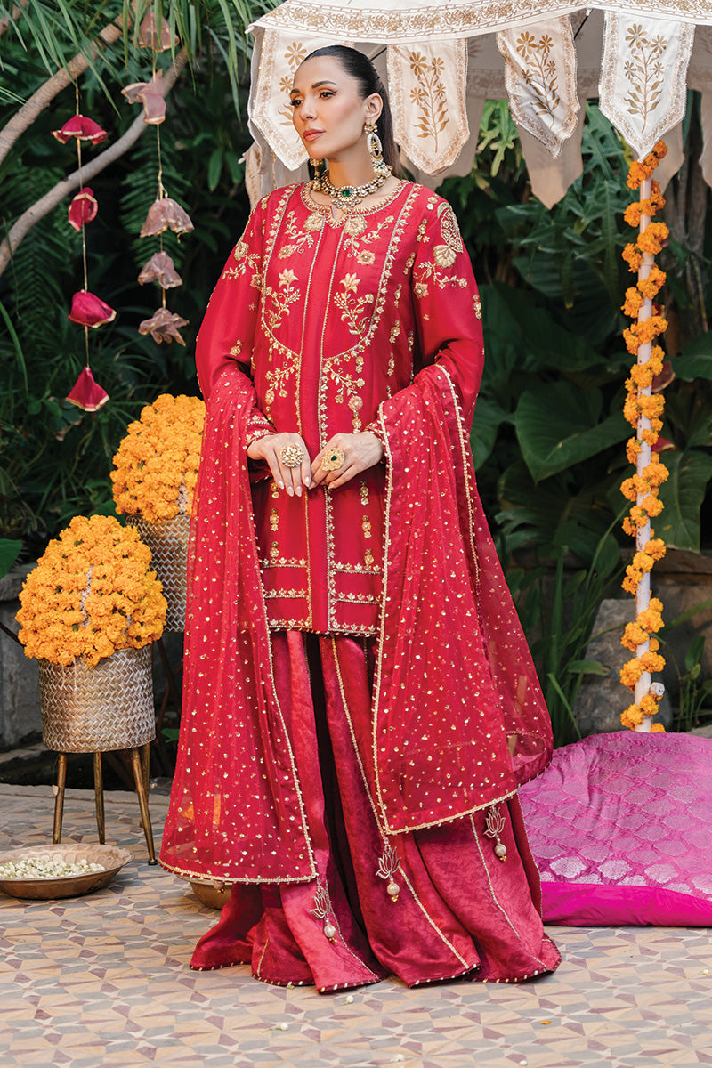 Ruby Red Zardozi Raw Silk Gharara (3-Piece)