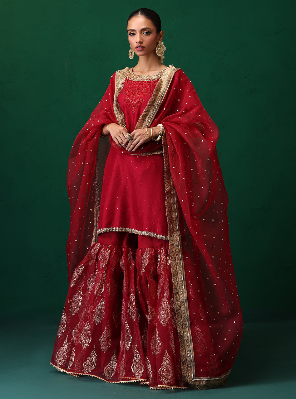 Pakistani Deep Red Embellished Rawsilk Organza Gharara (3-Piece) - Image 1
