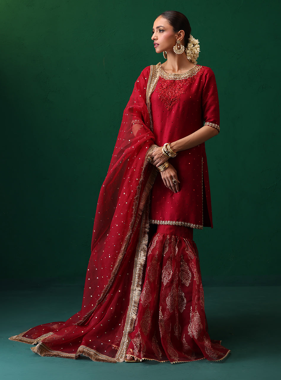 Pakistani Deep Red Embellished Rawsilk Organza Gharara (3-Piece) - Image 5