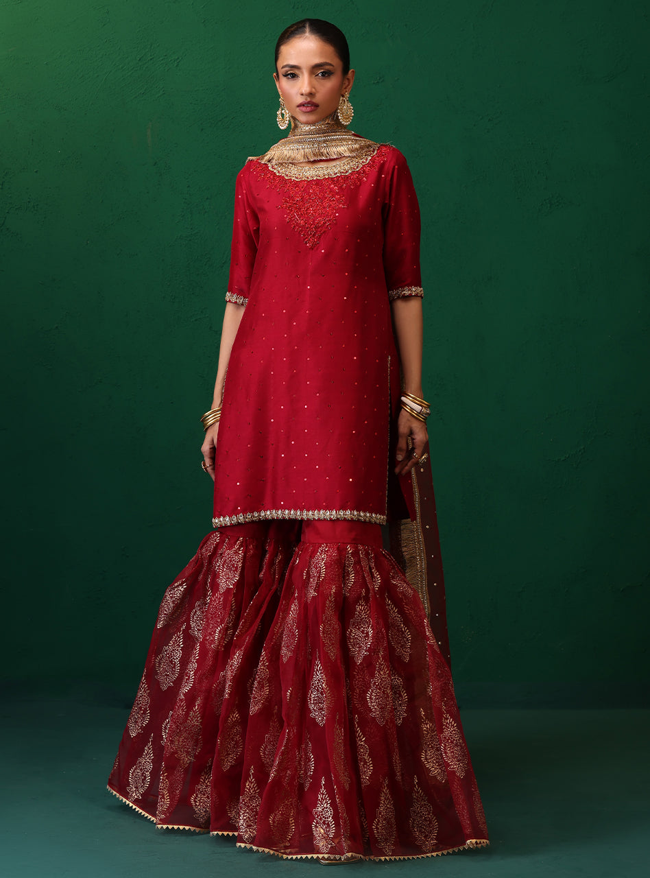 Pakistani Deep Red Embellished Rawsilk Organza Gharara (3-Piece) - Image 7