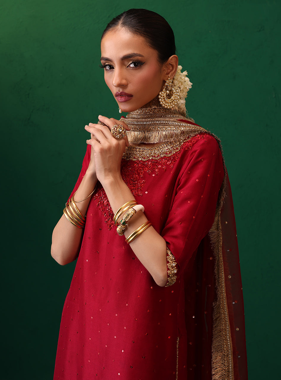 Pakistani Deep Red Embellished Rawsilk Organza Gharara (3-Piece) - Image 8