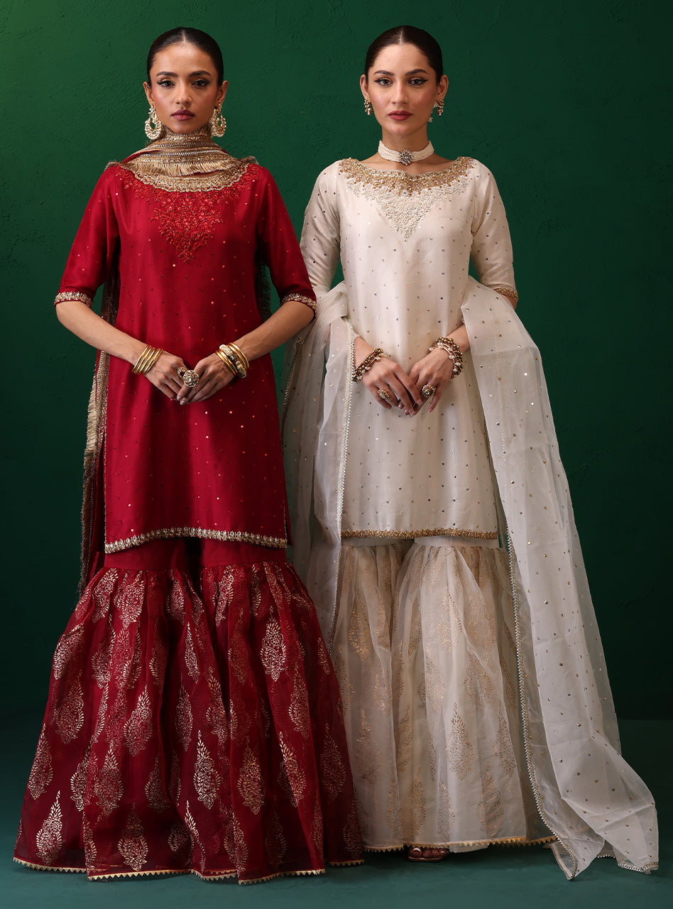 Pakistani Deep Red Embellished Rawsilk Organza Gharara (3-Piece) - Image 9