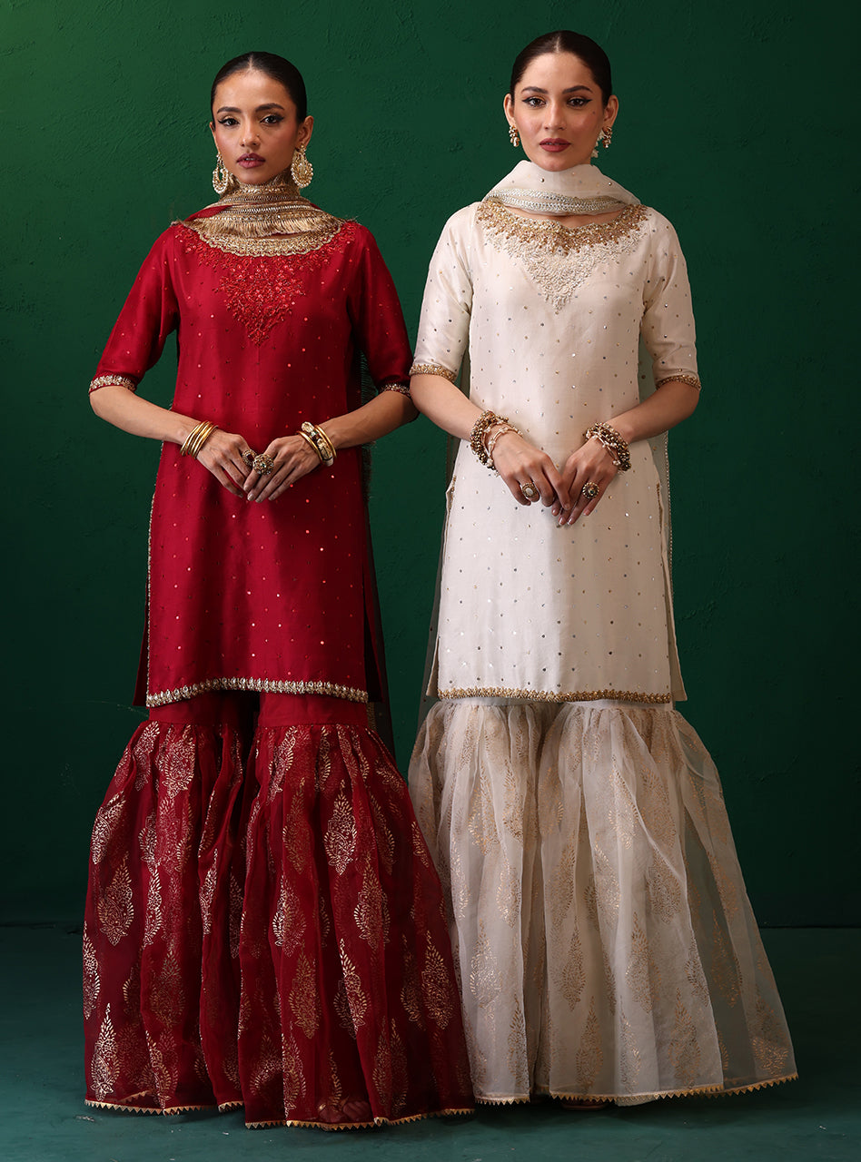 Pakistani Deep Red Embellished Rawsilk Organza Gharara (3-Piece) - Image 10