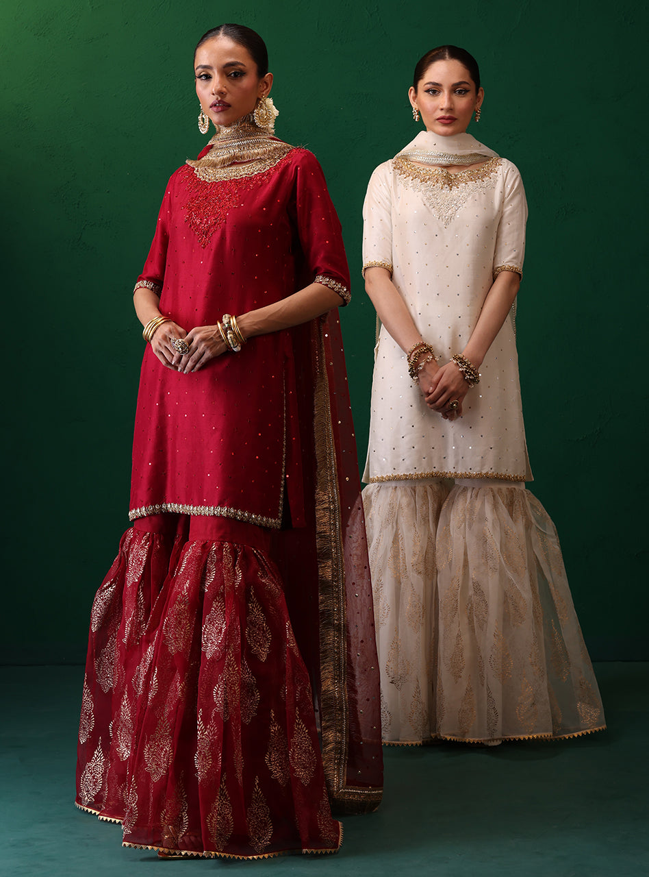 Pakistani Deep Red Embellished Rawsilk Organza Gharara (3-Piece) - Image 12