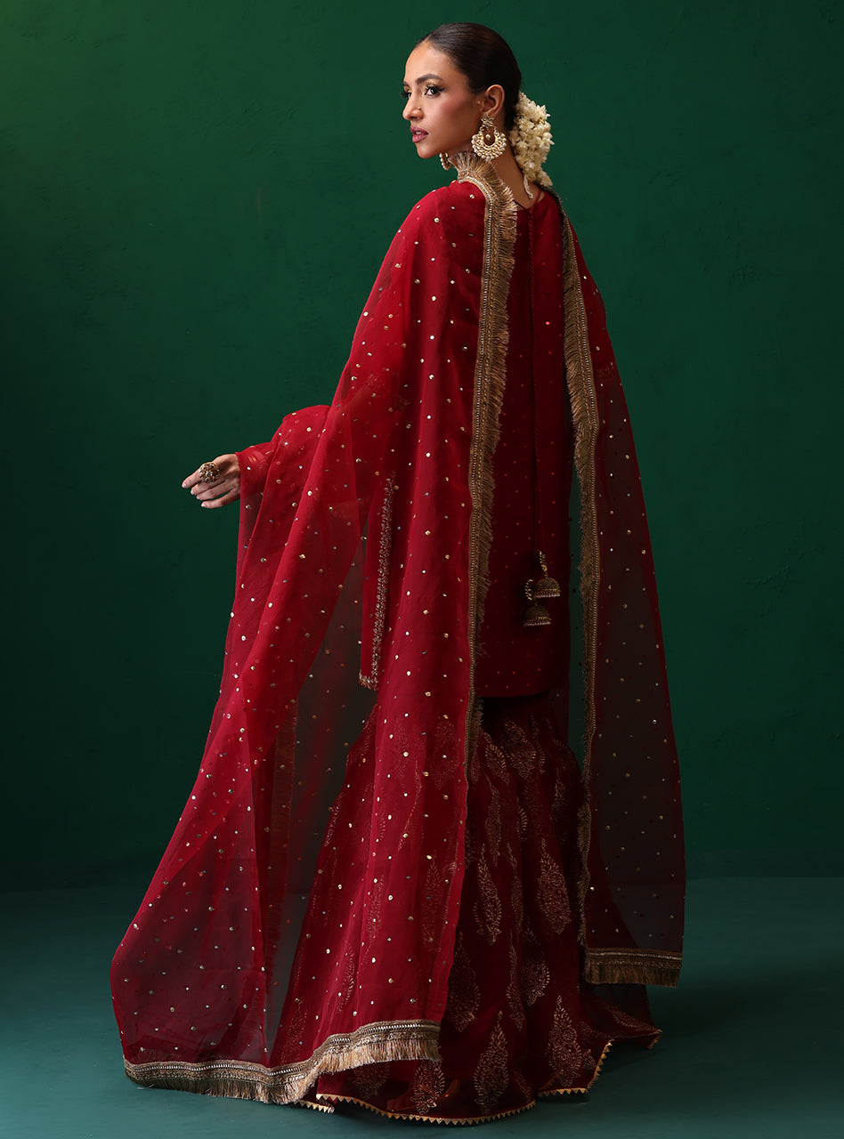 Pakistani Deep Red Embellished Rawsilk Organza Gharara (3-Piece) - Image 2