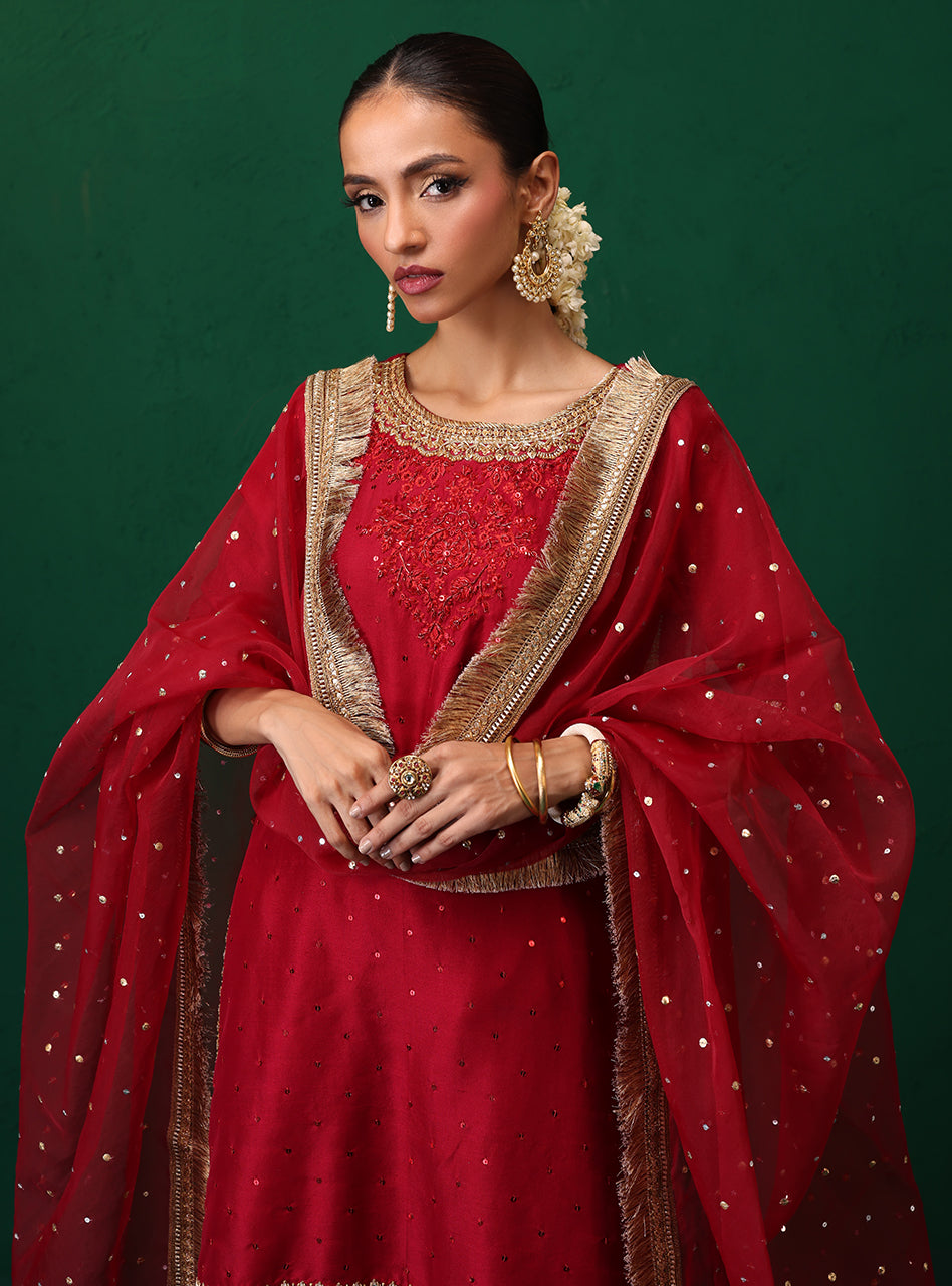 Pakistani Deep Red Embellished Rawsilk Organza Gharara (3-Piece) - Image 3