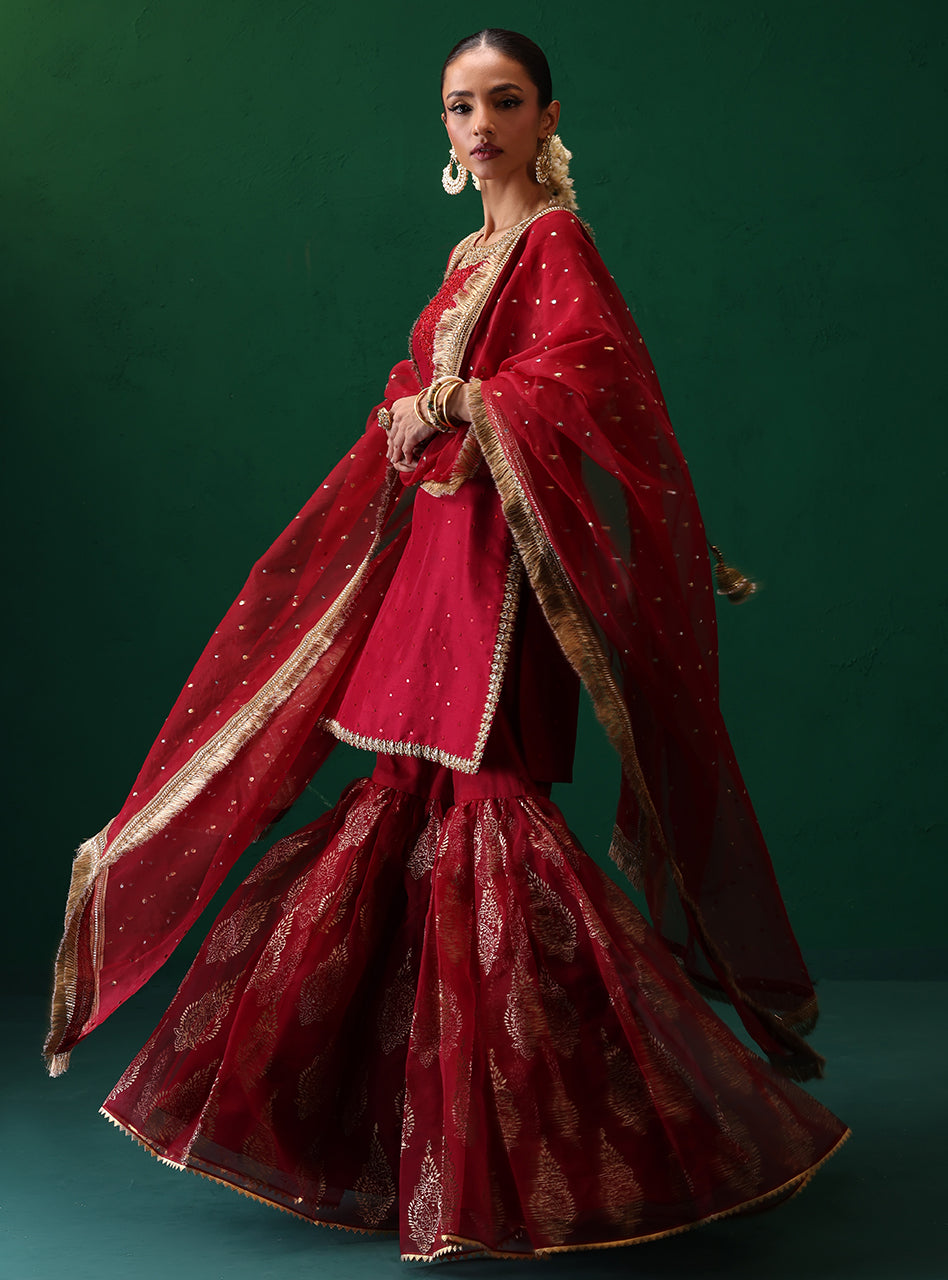 Pakistani Deep Red Embellished Rawsilk Organza Gharara (3-Piece) - Image 4