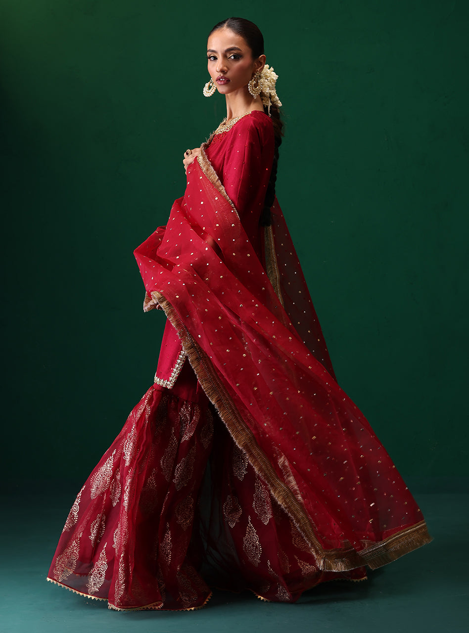 Pakistani Deep Red Embellished Rawsilk Organza Gharara (3-Piece) - Image 5