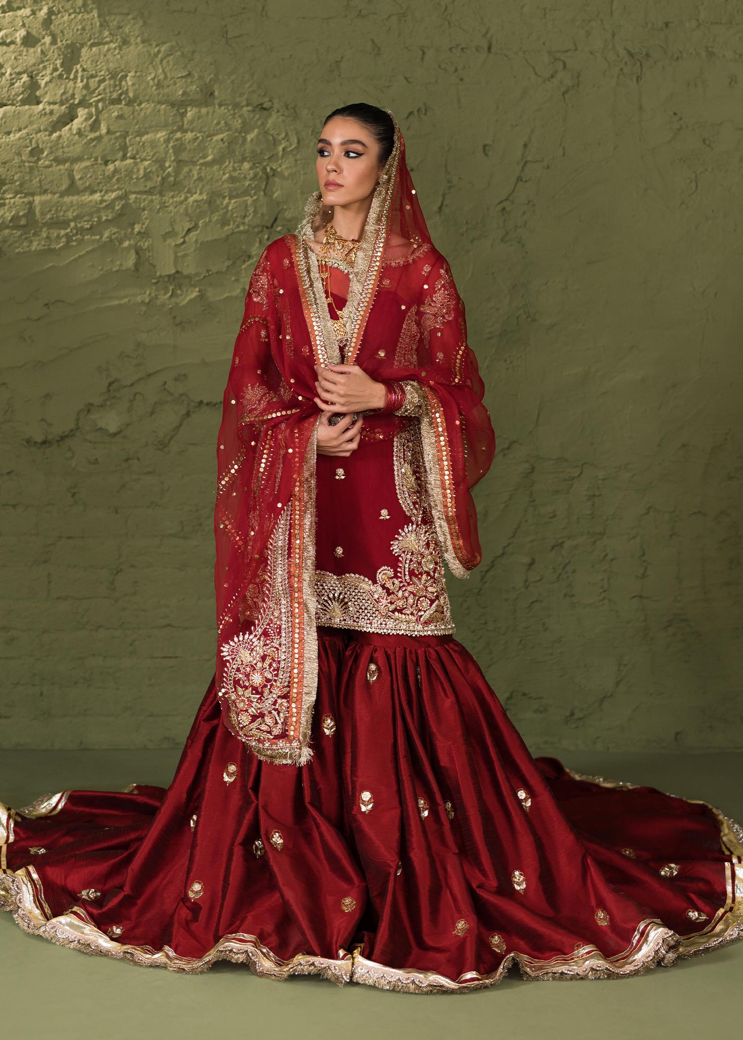 Red Hand-Embellished Korean Rawsilk Gharara (3-Piece) - Image 2