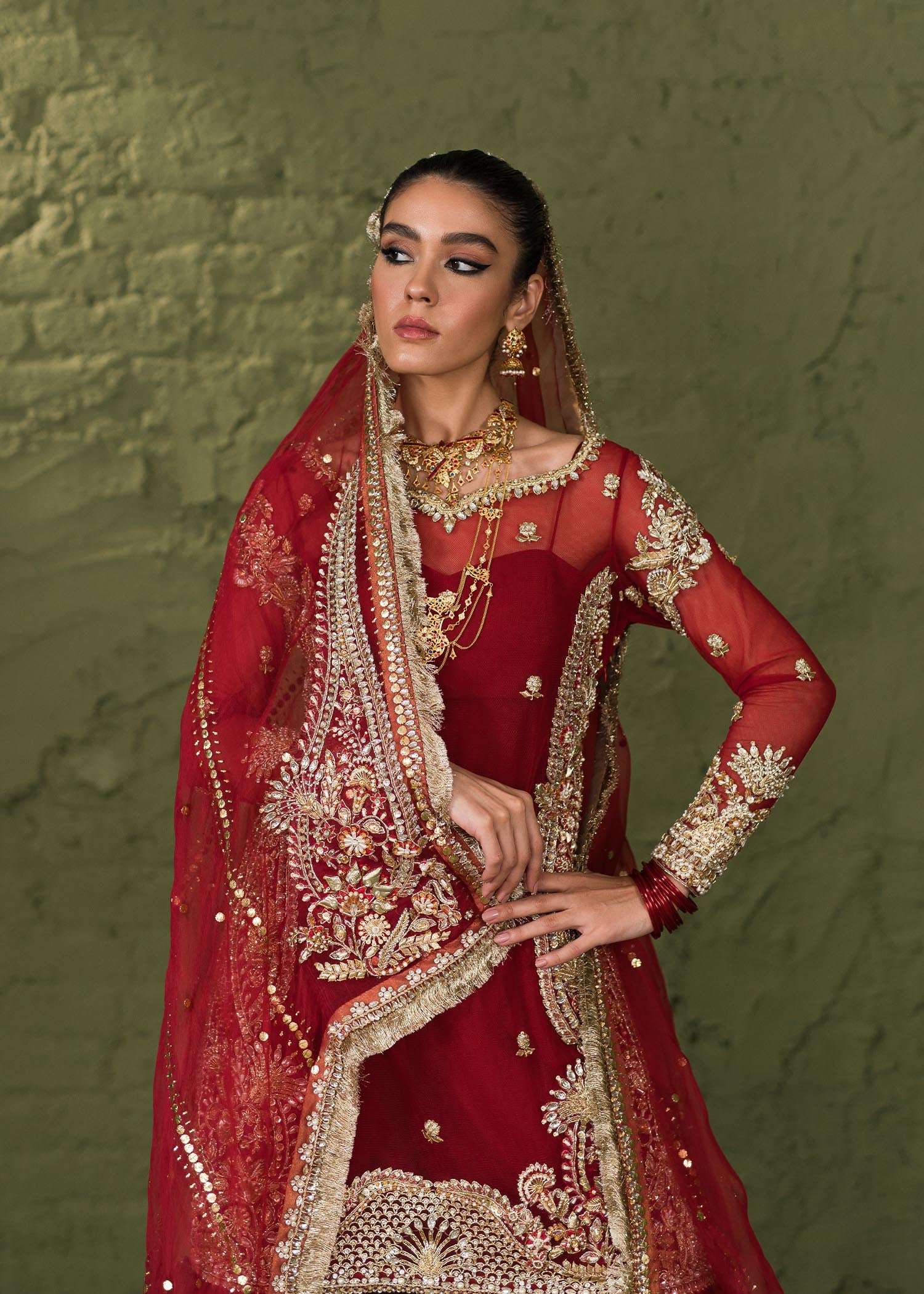 Red Hand-Embellished Korean Rawsilk Gharara (3-Piece) - Image 4