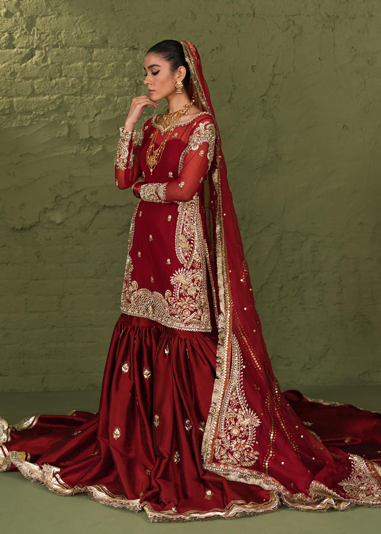 Red Hand-Embellished Korean Rawsilk Gharara (3-Piece) - Image 5