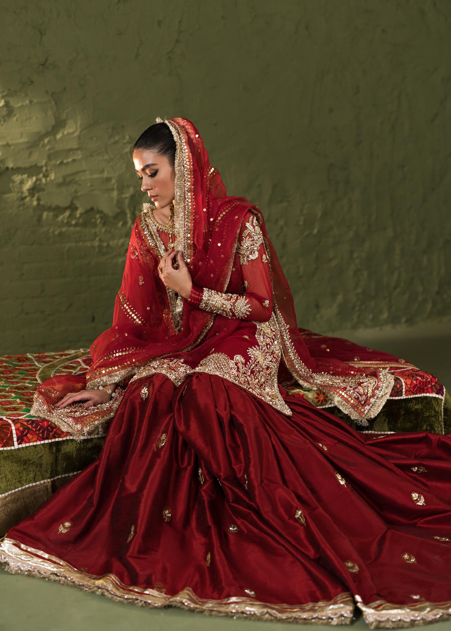 Red Hand-Embellished Korean Rawsilk Gharara (3-Piece) - Image 6