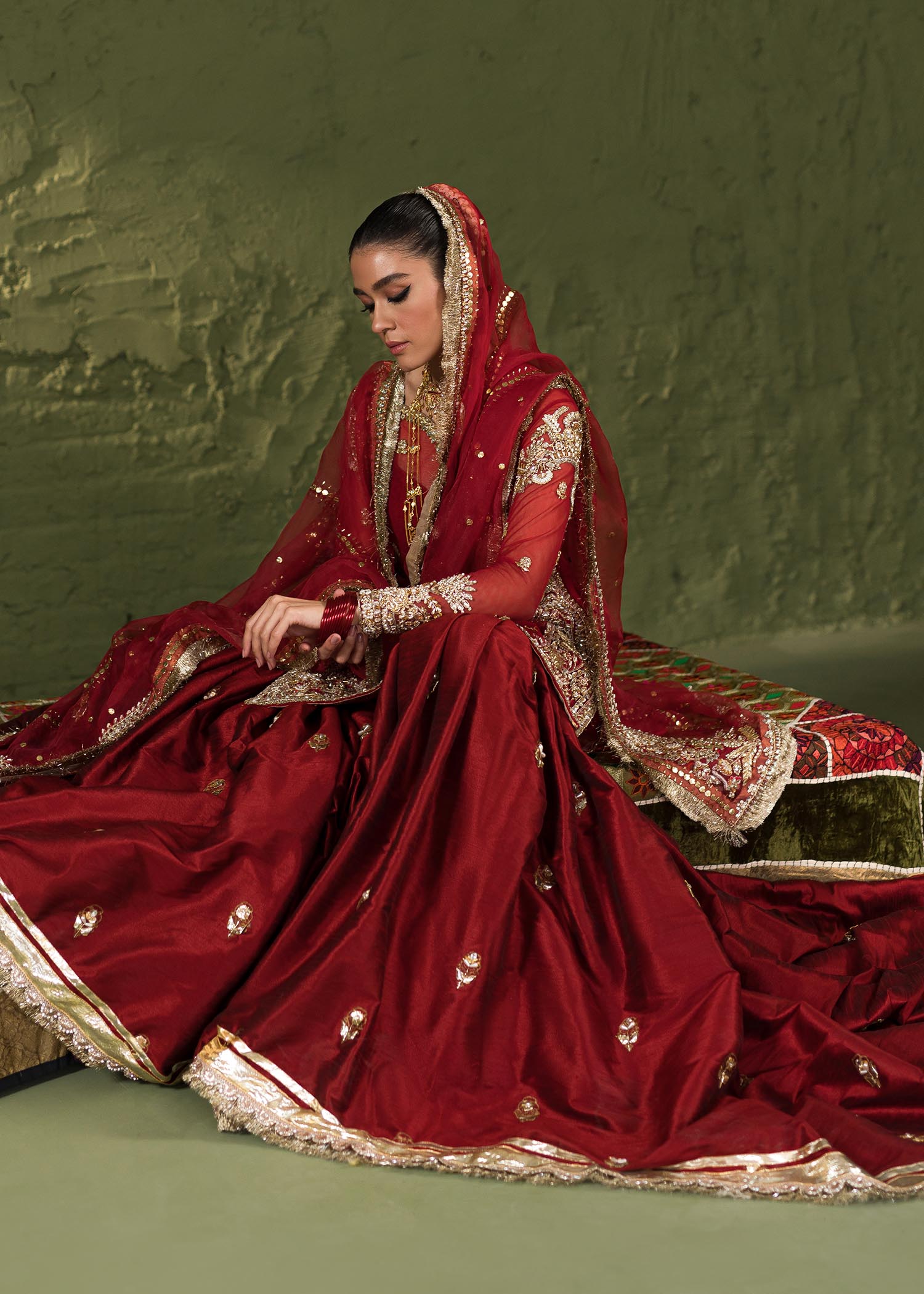 Red Hand-Embellished Korean Rawsilk Gharara (3-Piece) - Image 8