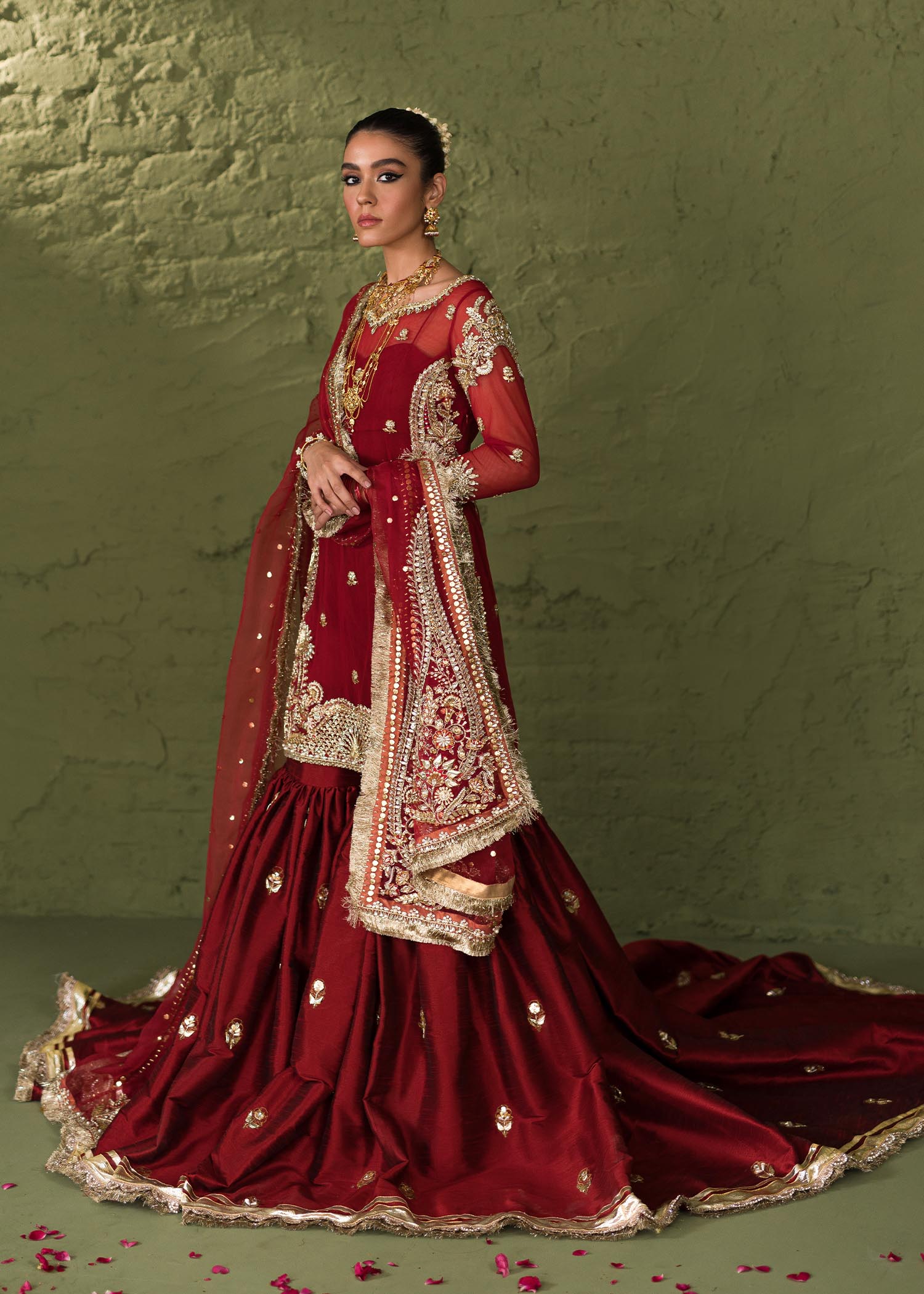 Red Hand-Embellished Korean Rawsilk Gharara (3-Piece) - Image 9
