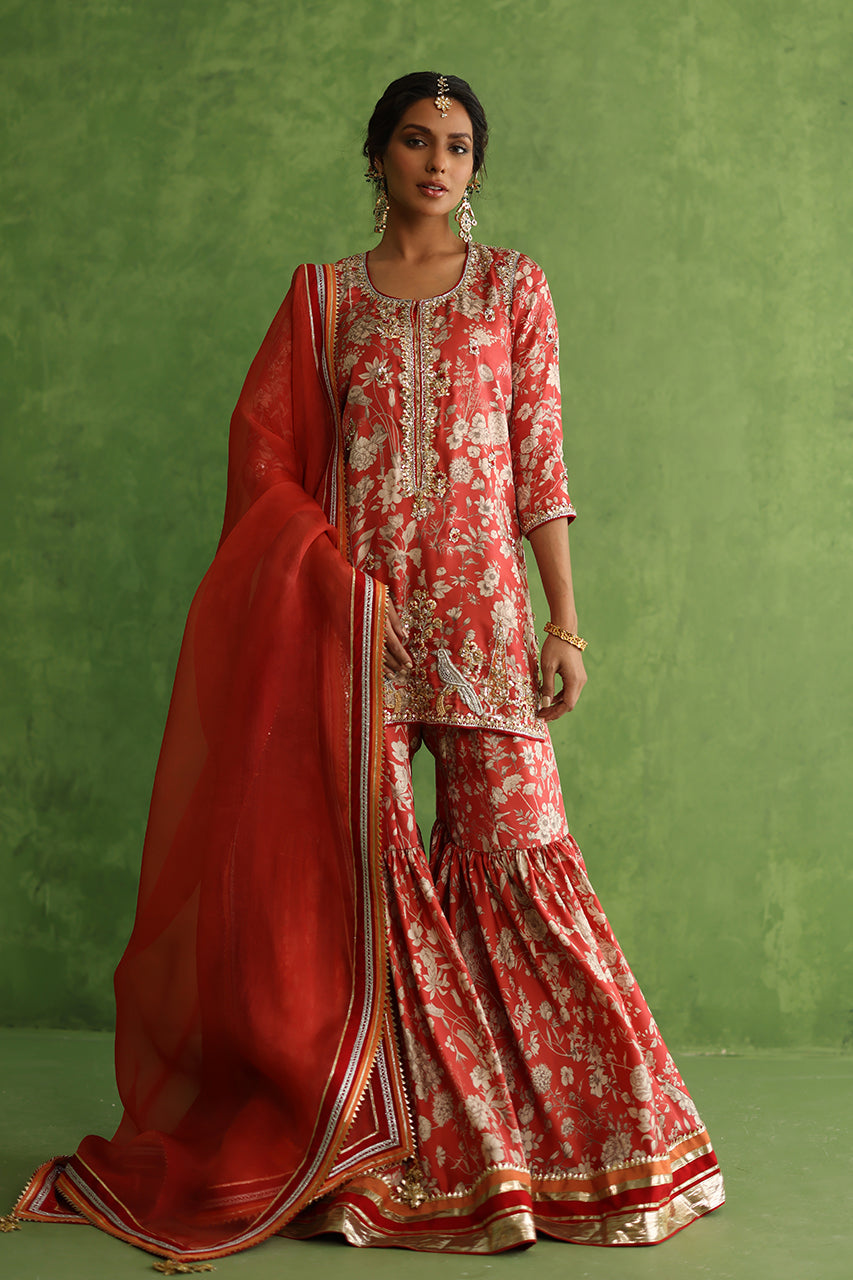 Pakistani Red Zardozi Rod Silk Gharara Set (3-Piece) - Image 1